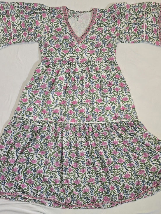 Sue Sartor Dresses & Skirts - ​Sue Sartor Hand Block Print Flounce Dress Floral Palm Beach